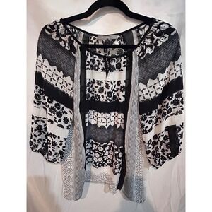 My Collection Black White Floral Patchwork Boho Tunic Top Blouse Women's Size S